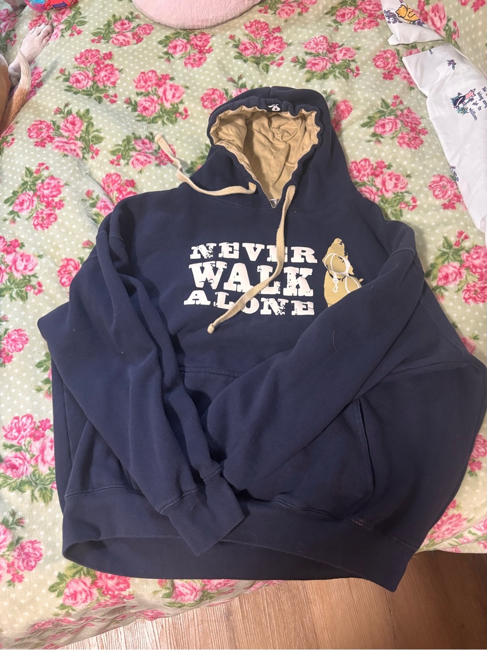 Never Walk Alone Navy Hooded Sweatshirt with Tan Lining
